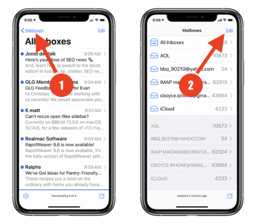 First tap "Mailboxes" at top left... then tap "Edit" at top right. Do not skip a step and go straight to tapping Edit! That's for something else.